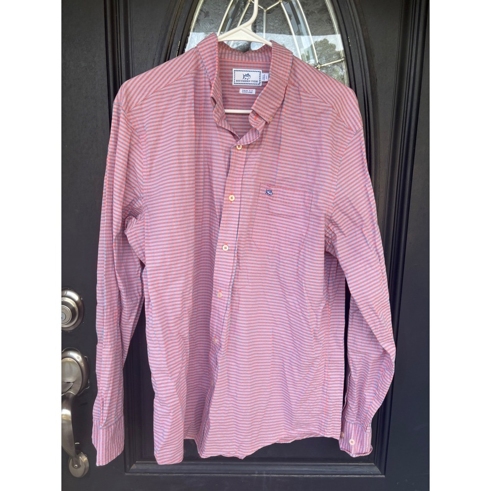 Southern Tide Mens Trim Fit Gingham Button Down Shirt Orange Blue Size L